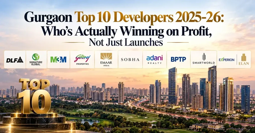 Gurgaon top 10 developers 2025-26 ranked by profit — DLF, Signature Global, M3M, Godrej, Emaar, Sobha, Adani Realty, BPTP, Smartworld, Experion Elan