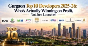 Gurgaon top 10 developers 2025-26 ranked by profit — DLF, Signature Global, M3M, Godrej, Emaar, Sobha, Adani Realty, BPTP, Smartworld, Experion Elan